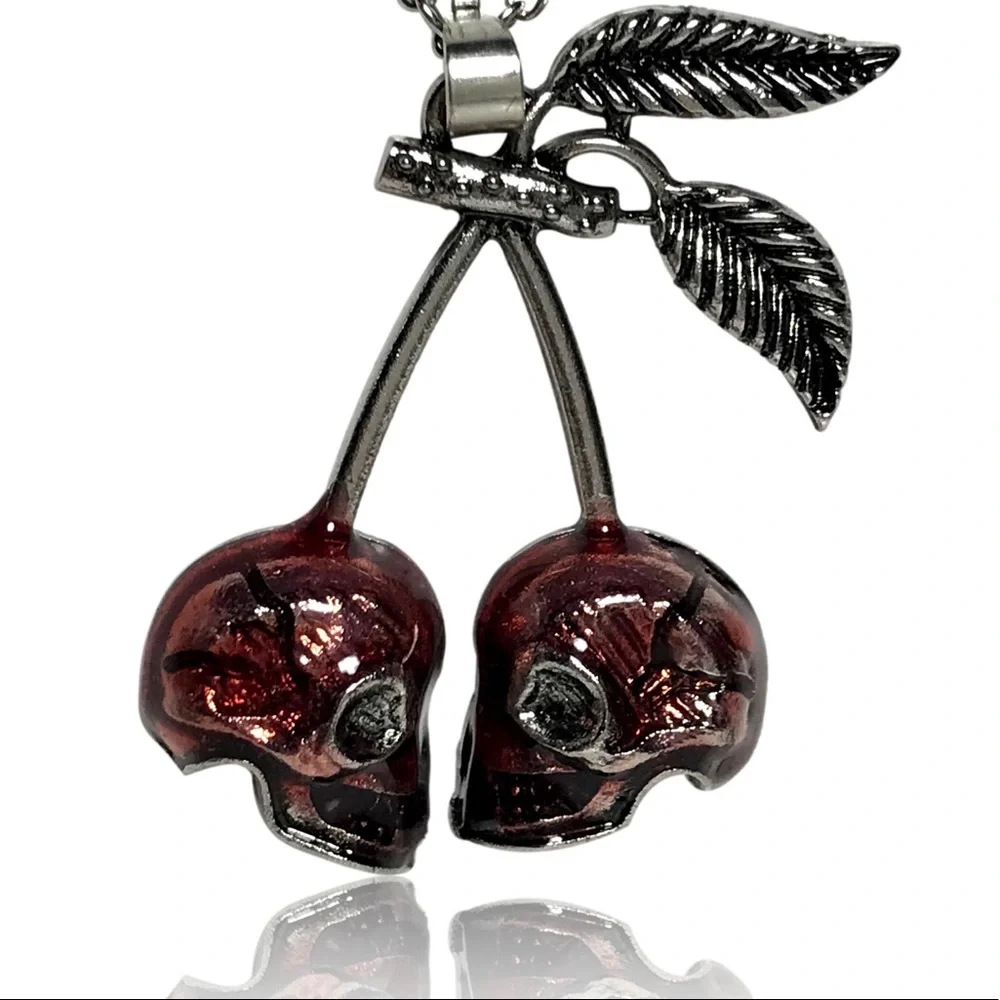Gothic Punk Red Skull Cherry Pendant Necklace - Picture 3 of 4